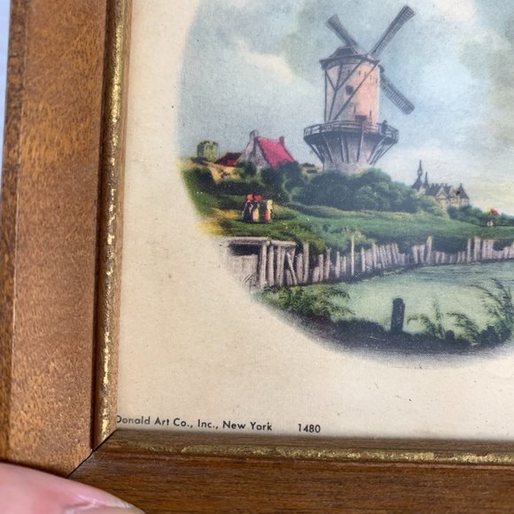 Vintage Miniature Donald Art Co Dutch Windmill Print 4.75" Square Wood Frame - Picture 4 of 6